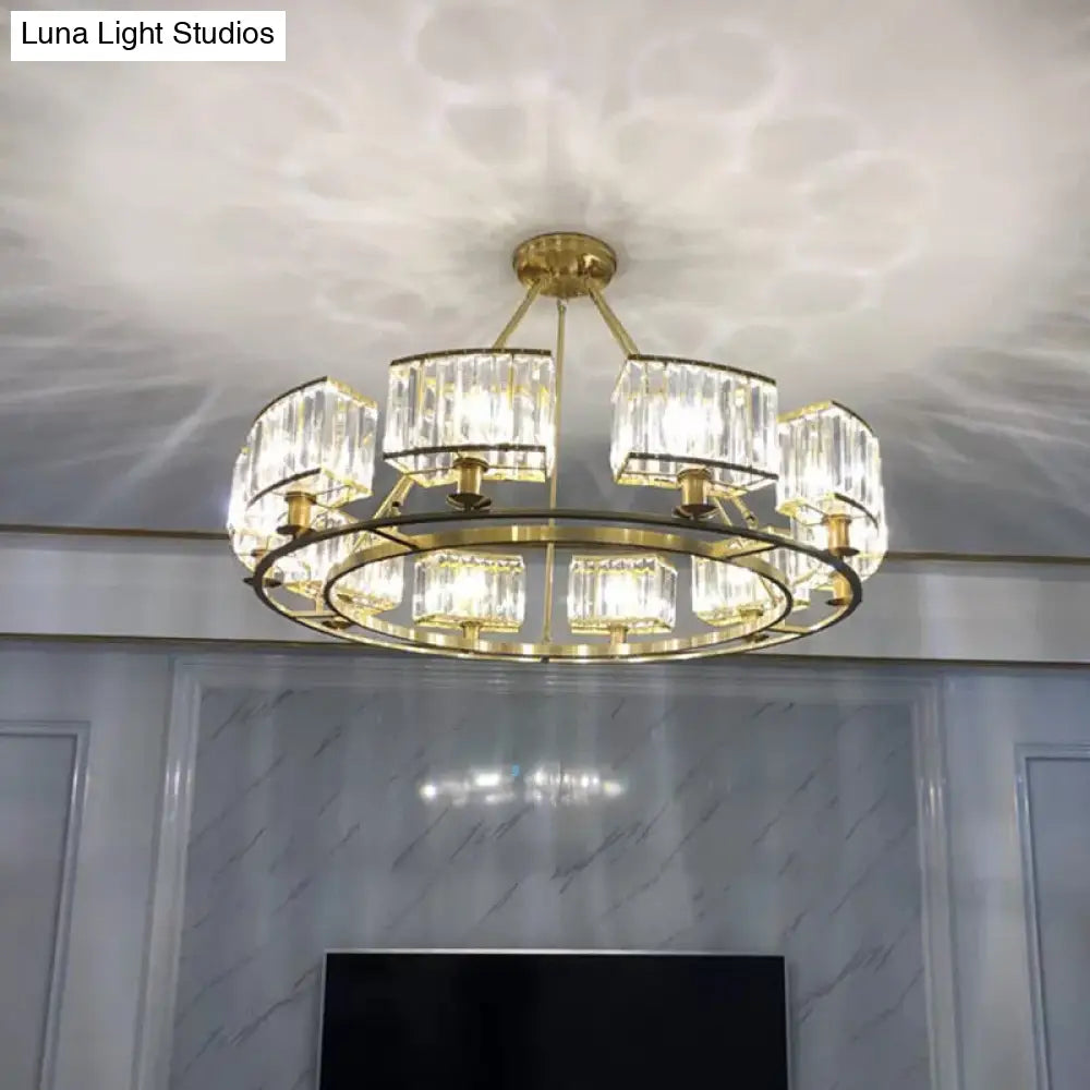 Modern Gold Circle Chandelier Pendant Light With Clear Crystal Prisms - 6/8/10 Bulb Dining Room