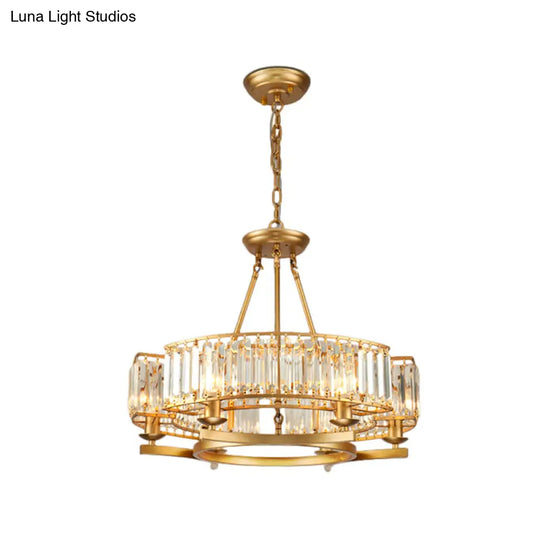 Modern Gold Circle Chandelier Pendant Light With Clear Crystal Prisms - 6/8/10 Bulb Dining Room