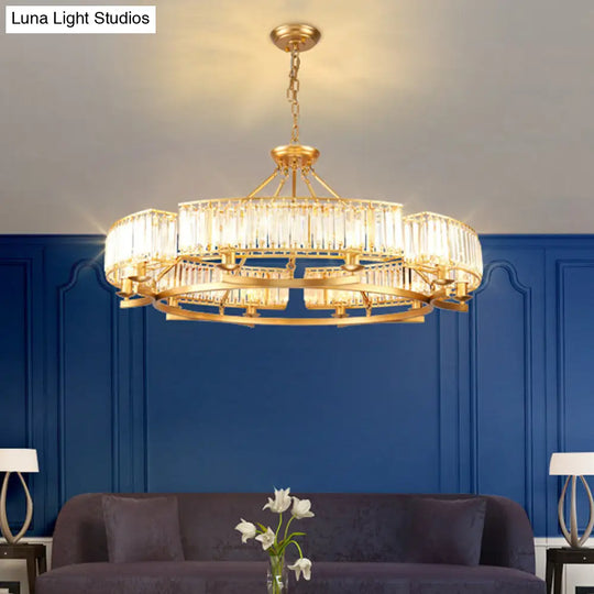 Modern Gold Circle Chandelier Pendant Light With Clear Crystal Prisms - 6/8/10 Bulb Dining Room