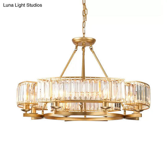 Modern Gold Circle Chandelier Pendant Light With Clear Crystal Prisms - 6/8/10 Bulb Dining Room