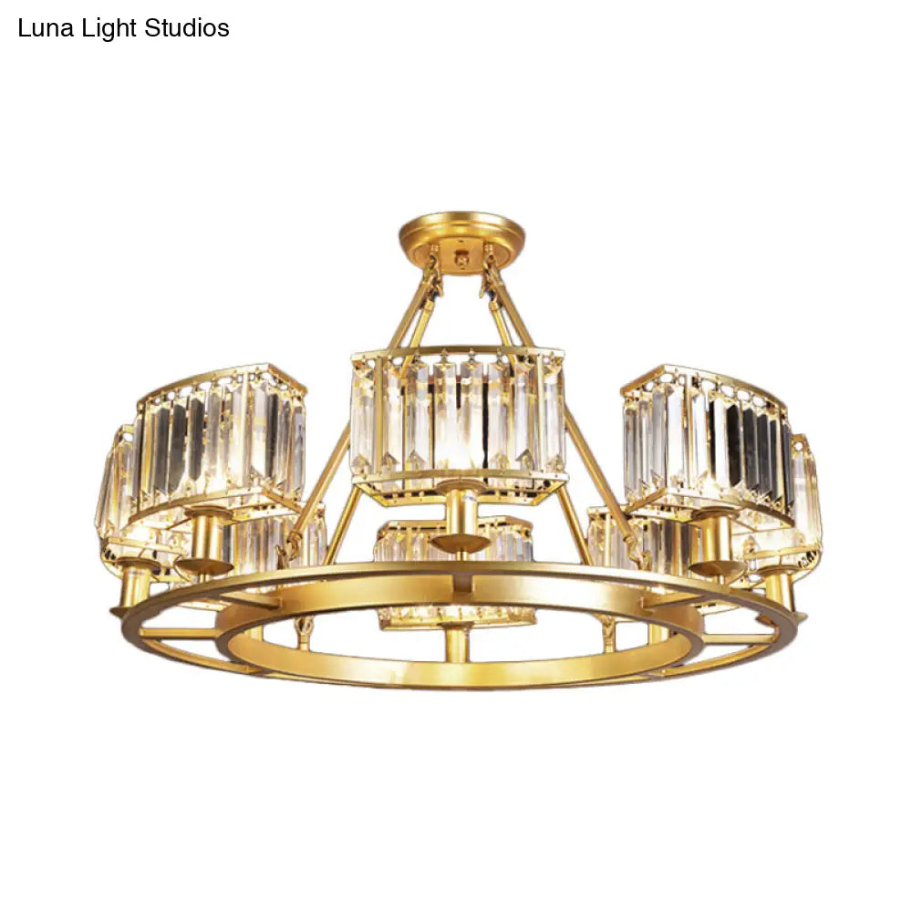 Modern Gold Circle Chandelier Pendant Light With Clear Crystal Prisms - 6/8/10 Bulb Dining Room