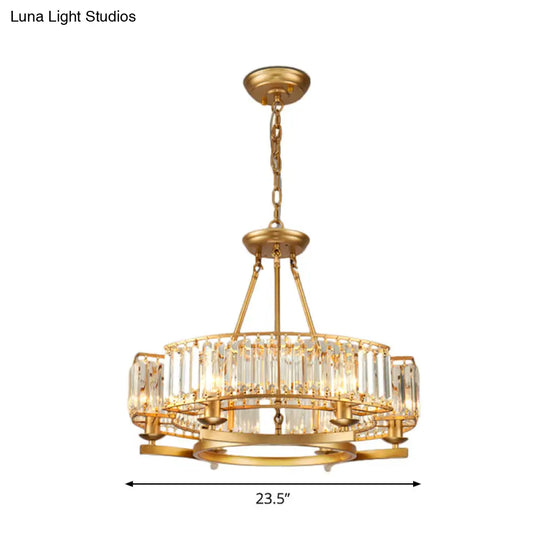 Modern Gold Circle Chandelier Pendant Light With Clear Crystal Prisms - 6/8/10 Bulb Dining Room