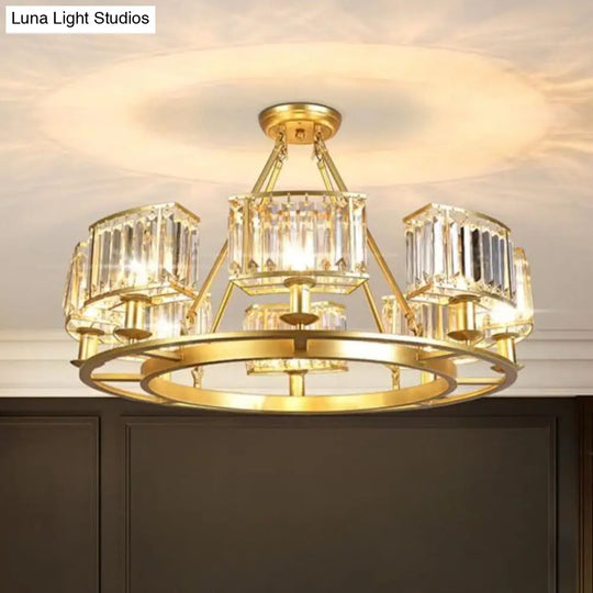 Modern Gold Circle Chandelier Pendant Light With Clear Crystal Prisms - 6/8/10 Bulb Dining Room