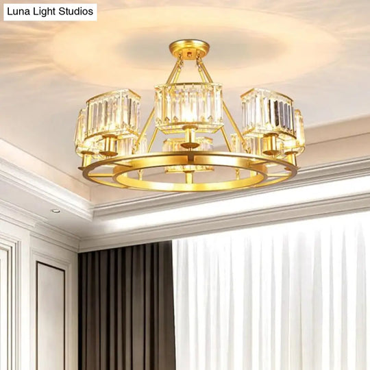 Modern Gold Circle Chandelier Pendant Light With Clear Crystal Prisms - 6/8/10 Bulb Dining Room