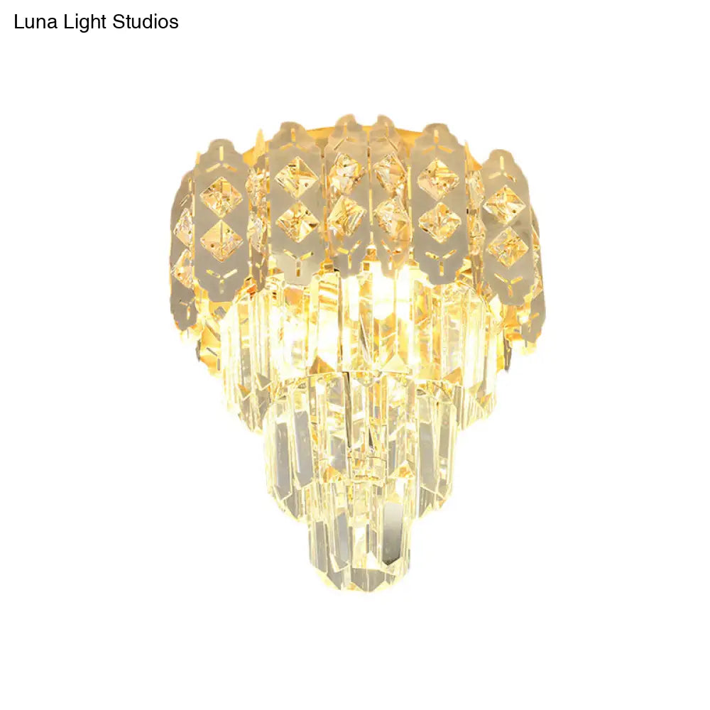 Modern Gold Crystal Prism Semi - Mount Ceiling Fixture With Layered Tapered Design