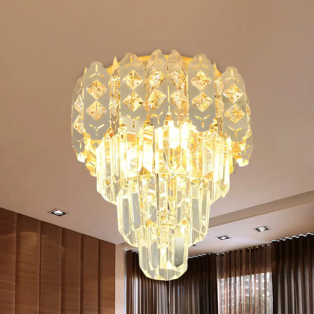 Modern Gold Crystal Prism Semi - Mount Ceiling Fixture With Layered Tapered Design