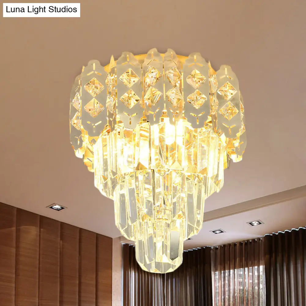 Modern Gold Crystal Prism Semi-Mount Ceiling Fixture With Layered Tapered Design