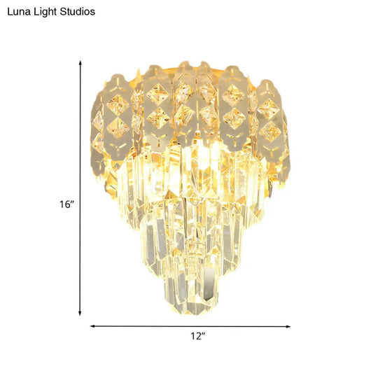 Modern Gold Crystal Prism Semi-Mount Ceiling Fixture With Layered Tapered Design