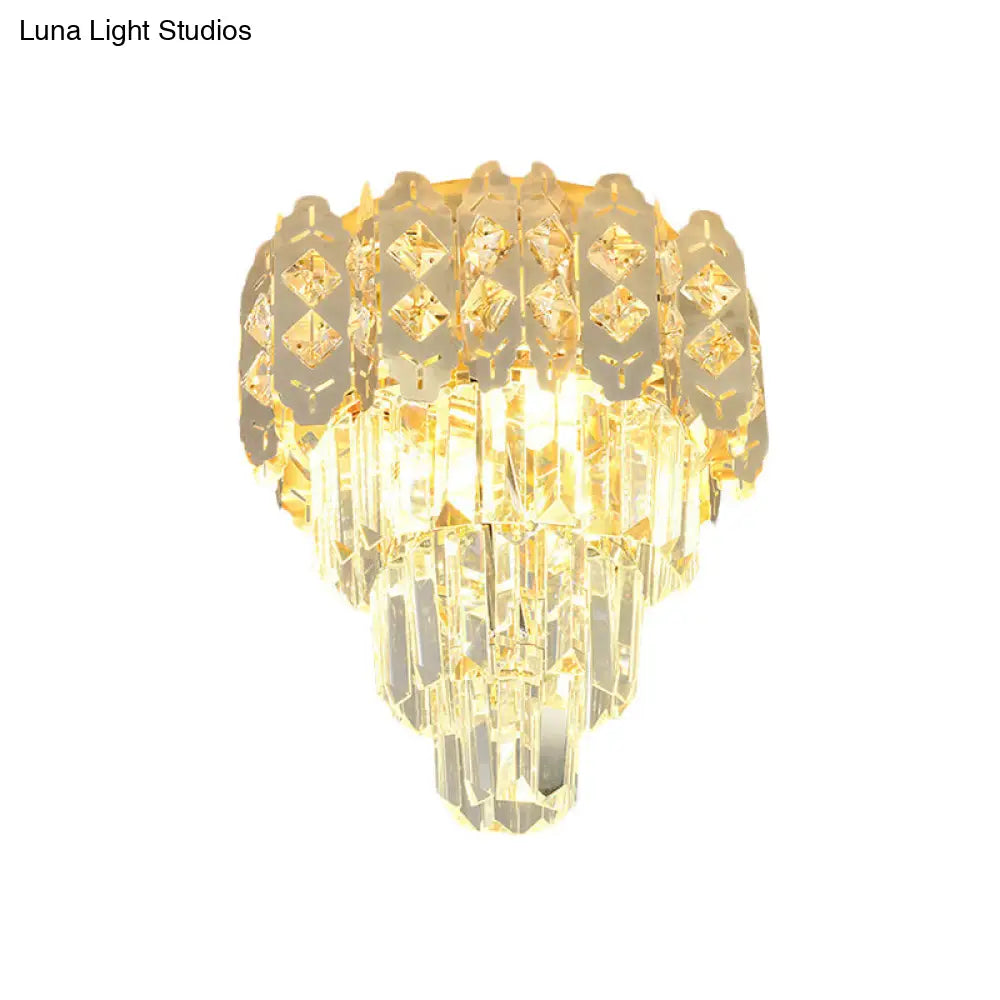 Modern Gold Crystal Prism Semi-Mount Ceiling Fixture With Layered Tapered Design