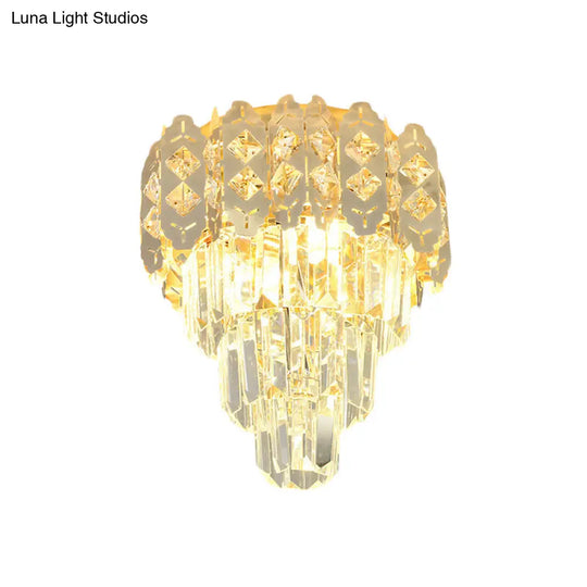Modern Gold Crystal Prism Semi-Mount Ceiling Fixture With Layered Tapered Design