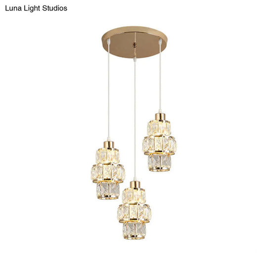 Modern Gold Cluster Pendant With 3-Layer Crystal Prisms And 3 Hanging Lights