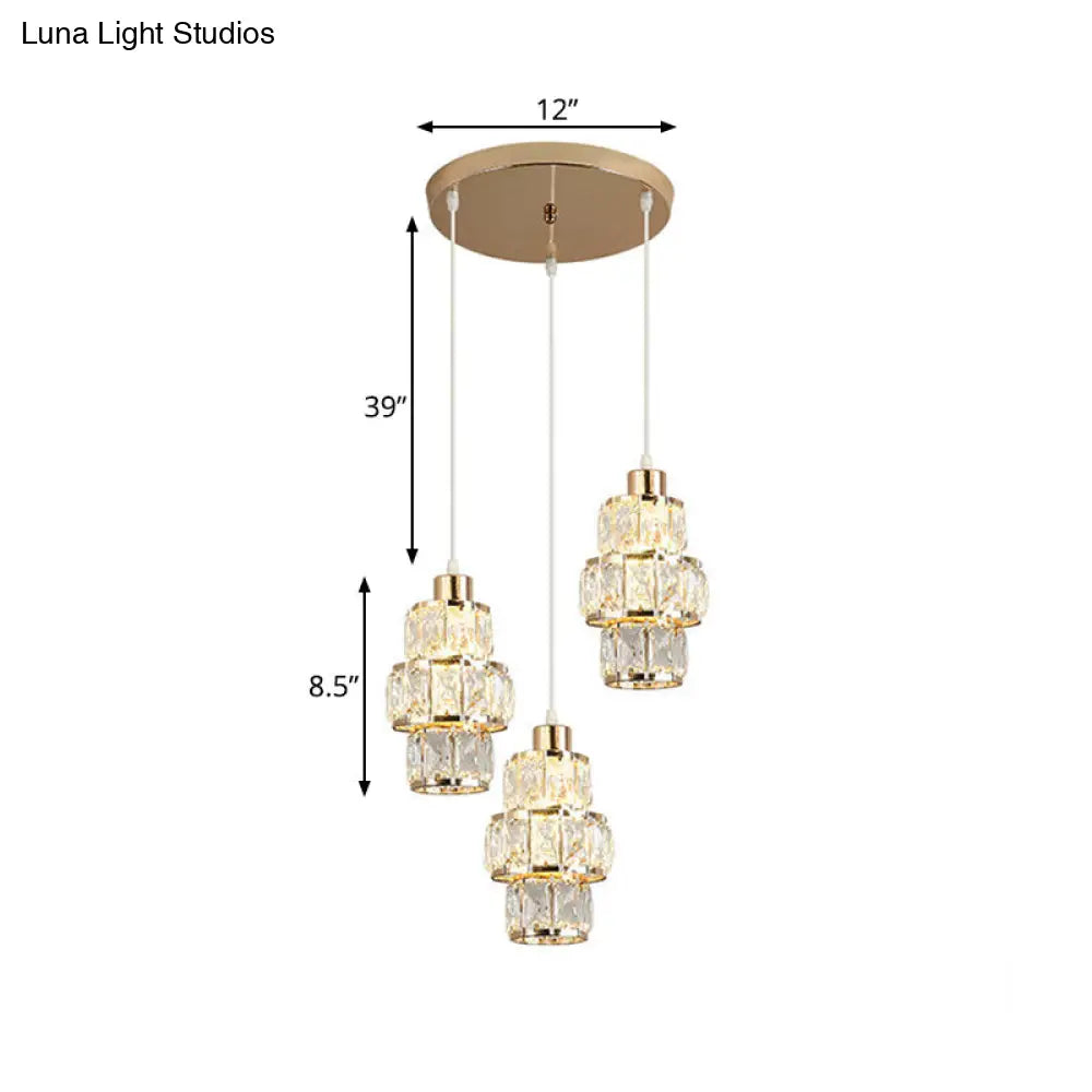 Modern Gold Cluster Pendant With 3-Layer Crystal Prisms And 3 Hanging Lights