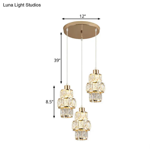 Modern Gold Cluster Pendant With 3-Layer Crystal Prisms And 3 Hanging Lights
