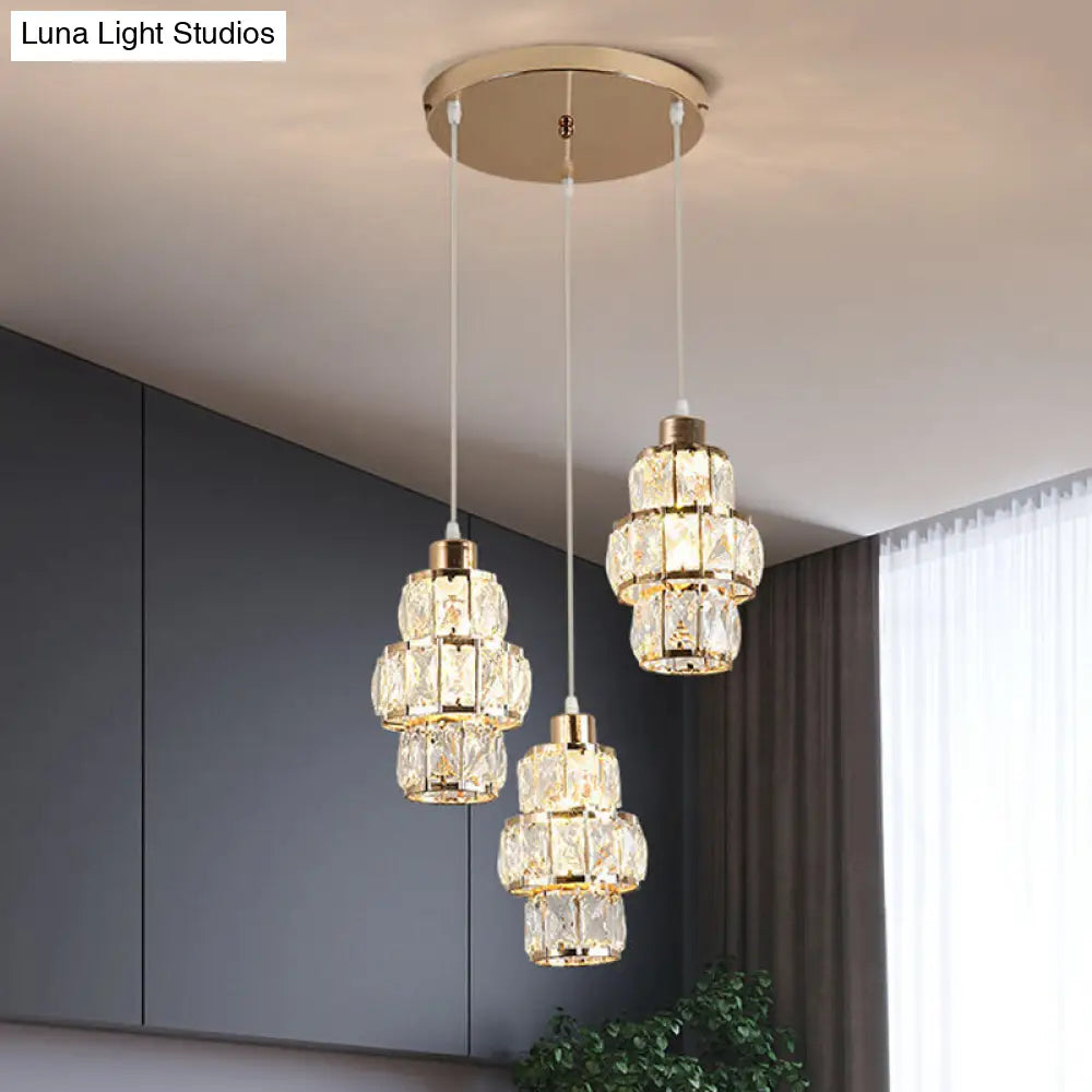 Modern Gold Cluster Pendant With 3-Layer Crystal Prisms And 3 Hanging Lights