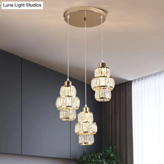 Modern Gold Cluster Pendant With 3-Layer Crystal Prisms And 3 Hanging Lights