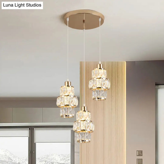 Modern Gold Cluster Pendant With 3-Layer Crystal Prisms And 3 Hanging Lights