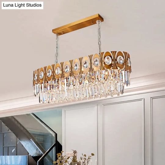 Modern Gold Crystal Rod Island Pendant Light - 10 Heads Oval Suspension Design