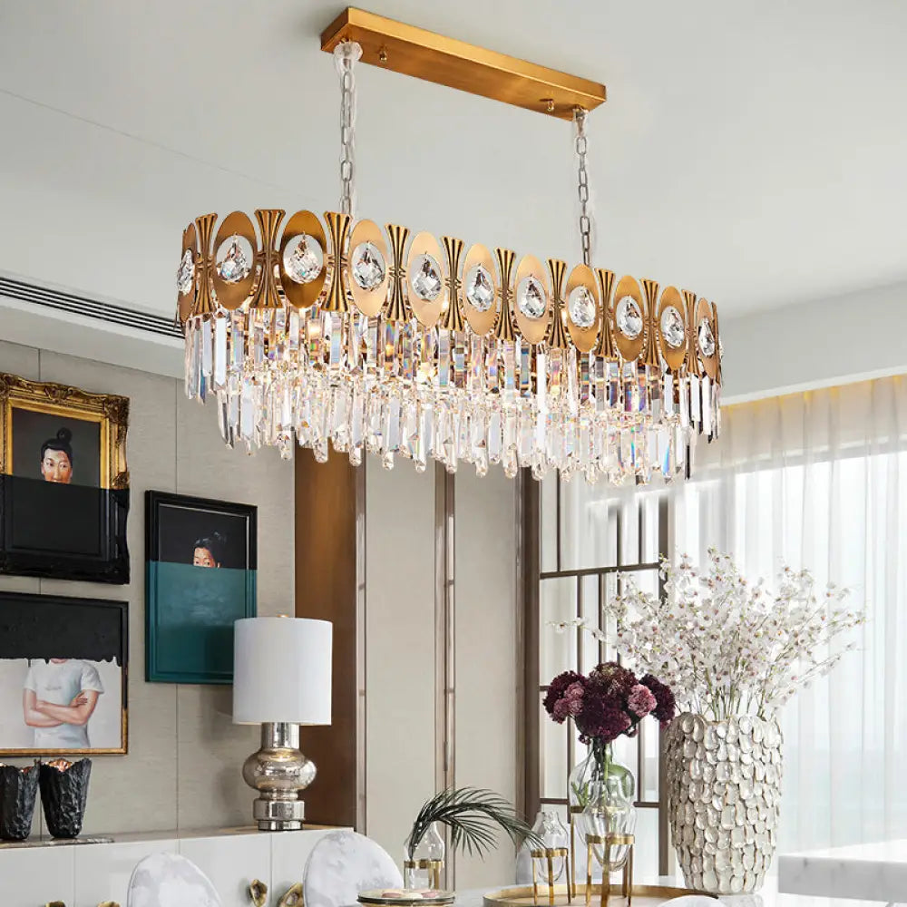 Modern Gold Crystal Rod Island Pendant Light - 10 Heads Oval Suspension Design