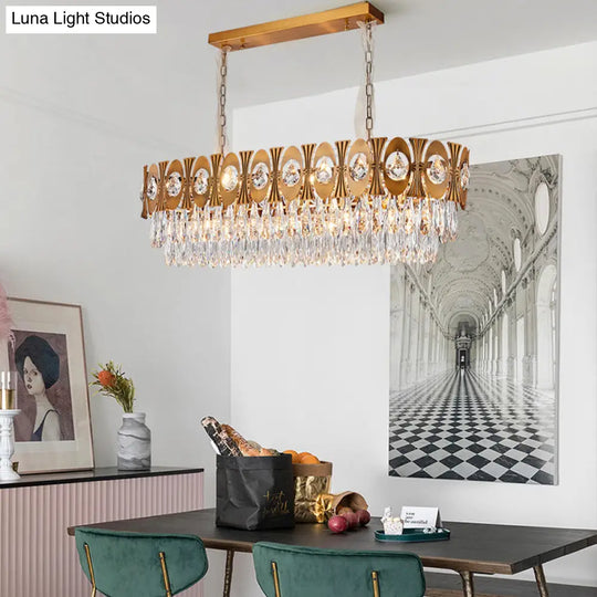 Modern Gold Crystal Rod Island Pendant Light - 10 Heads Oval Suspension Design