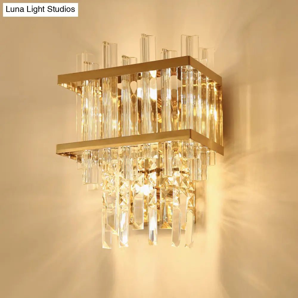 Modern Gold Crystal Rod Wall Mount Sconce With Cube Shade - 3-Light Fixture For Living Room Lighting