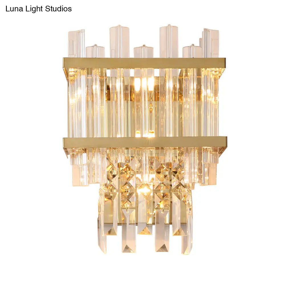 Modern Gold Crystal Rod Wall Mount Sconce With Cube Shade - 3-Light Fixture For Living Room Lighting