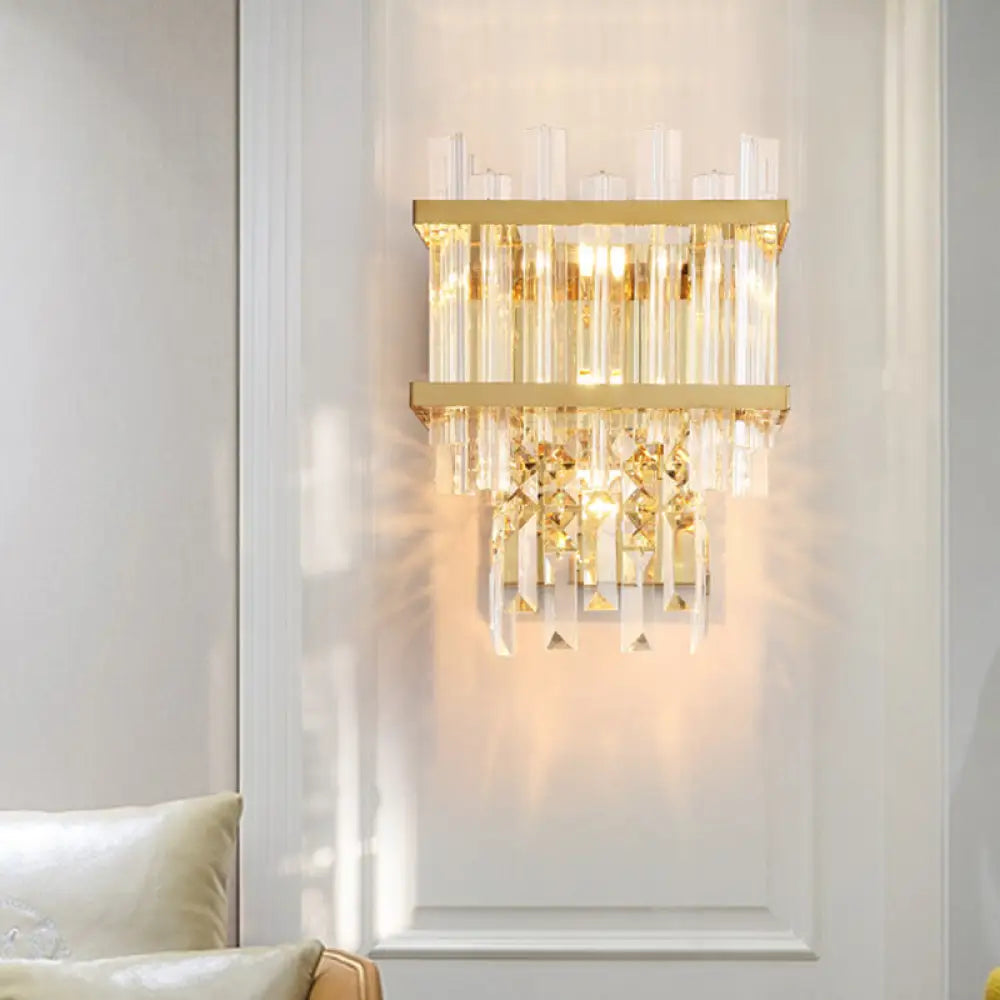 Modern Gold Crystal Rod Wall Mount Sconce With Cube Shade - 3-Light Fixture For Living Room Lighting