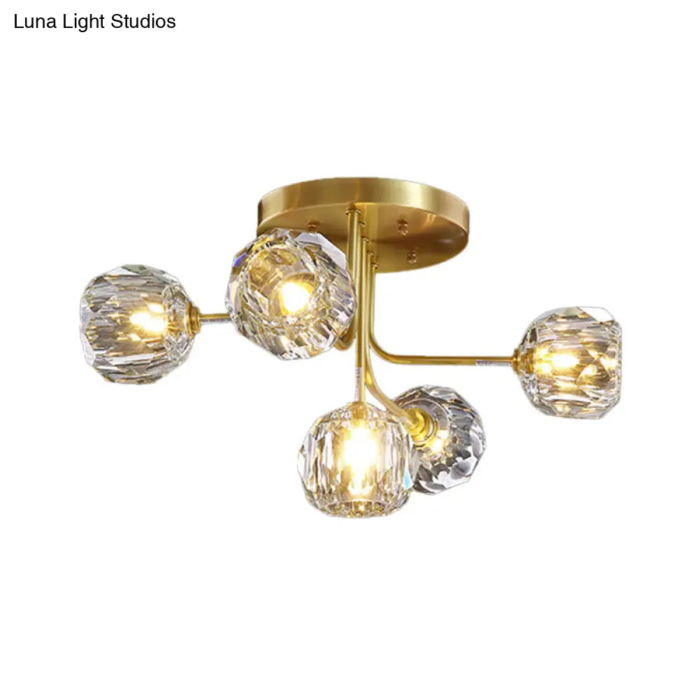 Modern Gold Crystal Semi Flush Light With Sputnik Design - 3/5-Light Ceiling Lighting