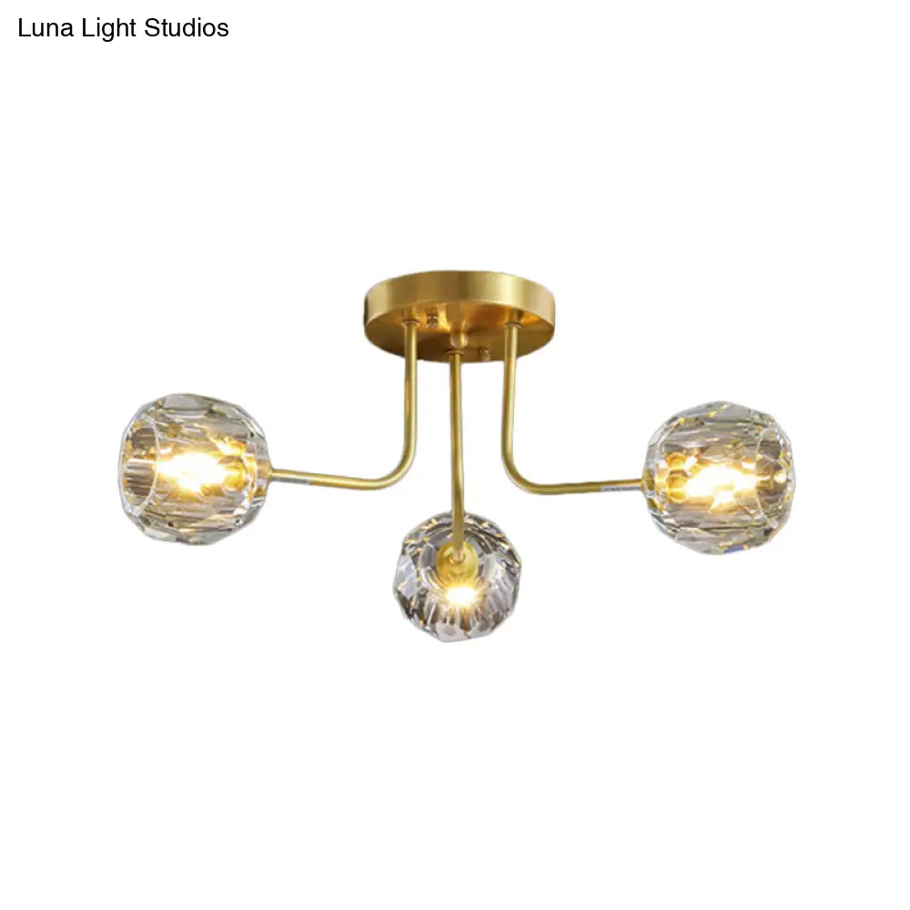 Modern Gold Crystal Semi Flush Light With Sputnik Design - 3/5-Light Ceiling Lighting