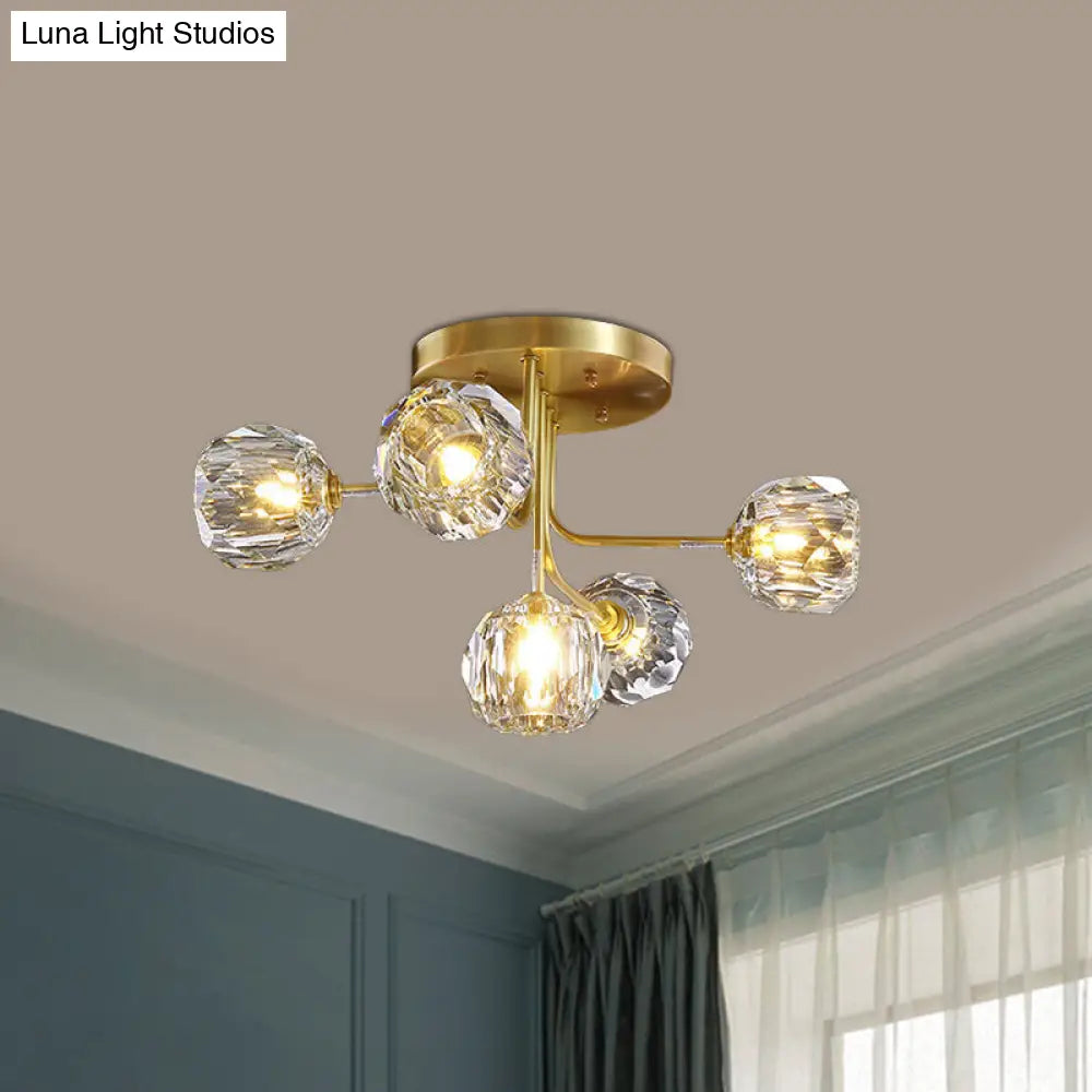 Modern Gold Crystal Semi Flush Light With Sputnik Design - 3/5-Light Ceiling Lighting