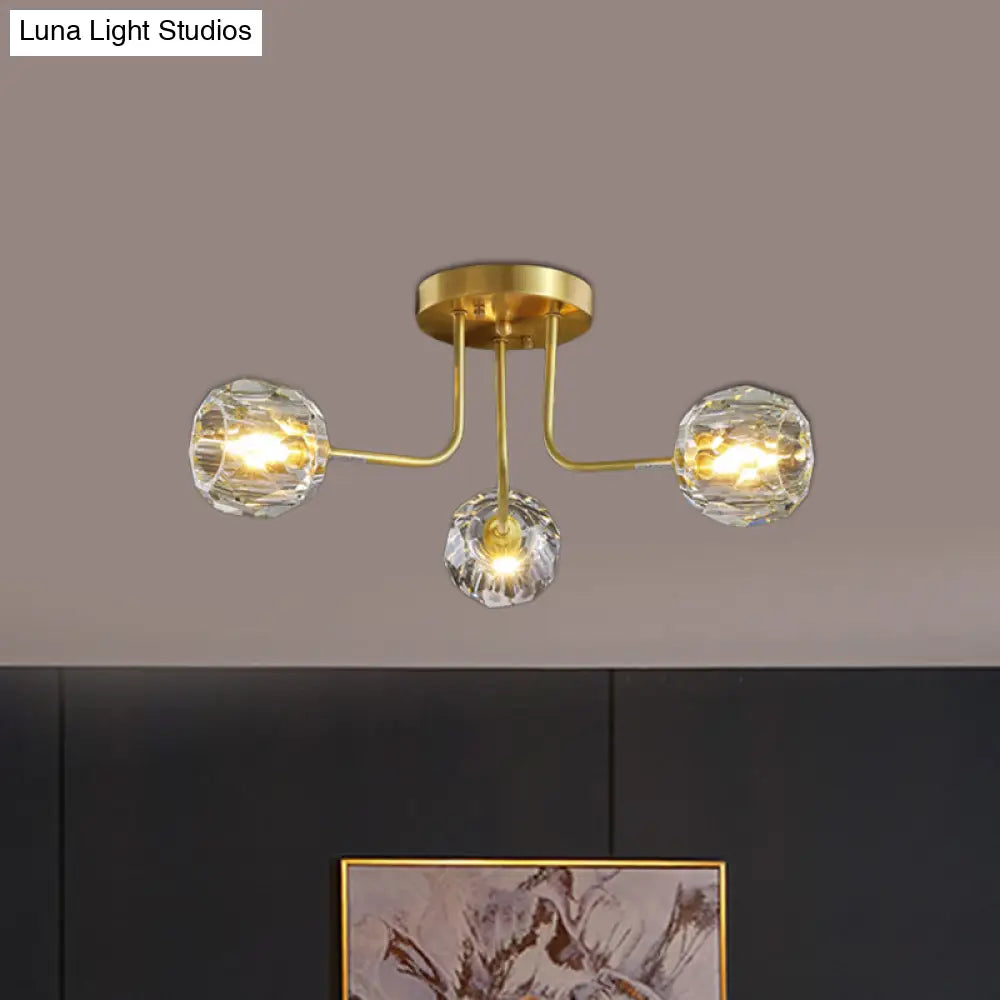 Modern Gold Crystal Semi Flush Light With Sputnik Design - 3/5-Light Ceiling Lighting