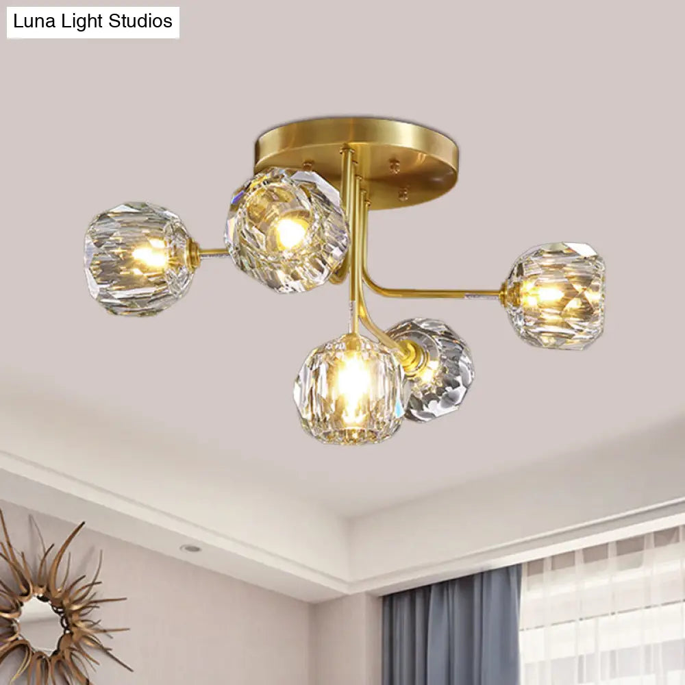 Modern Gold Crystal Semi Flush Light With Sputnik Design - 3/5-Light Ceiling Lighting