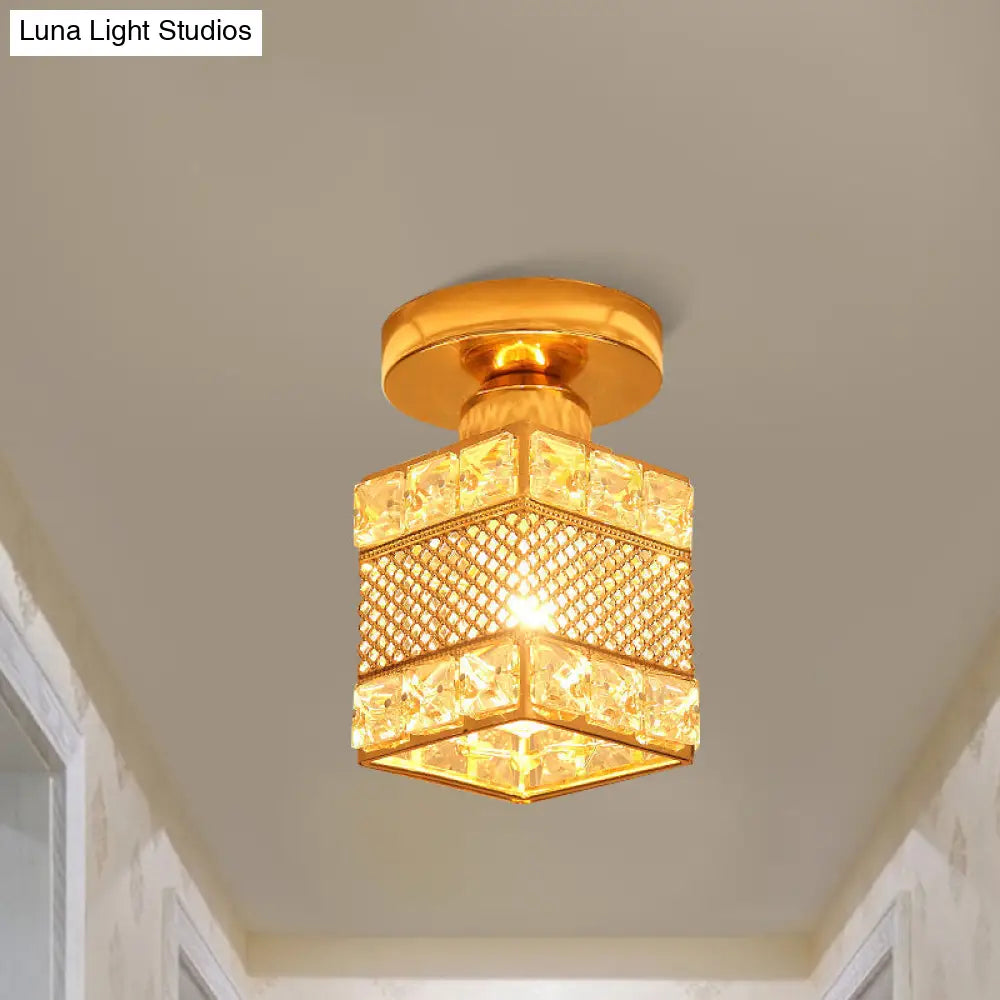 Modern Gold Crystal Shade Balcony Semi Mount Lighting - Globe/Square/Lantern Design Close To Ceiling
