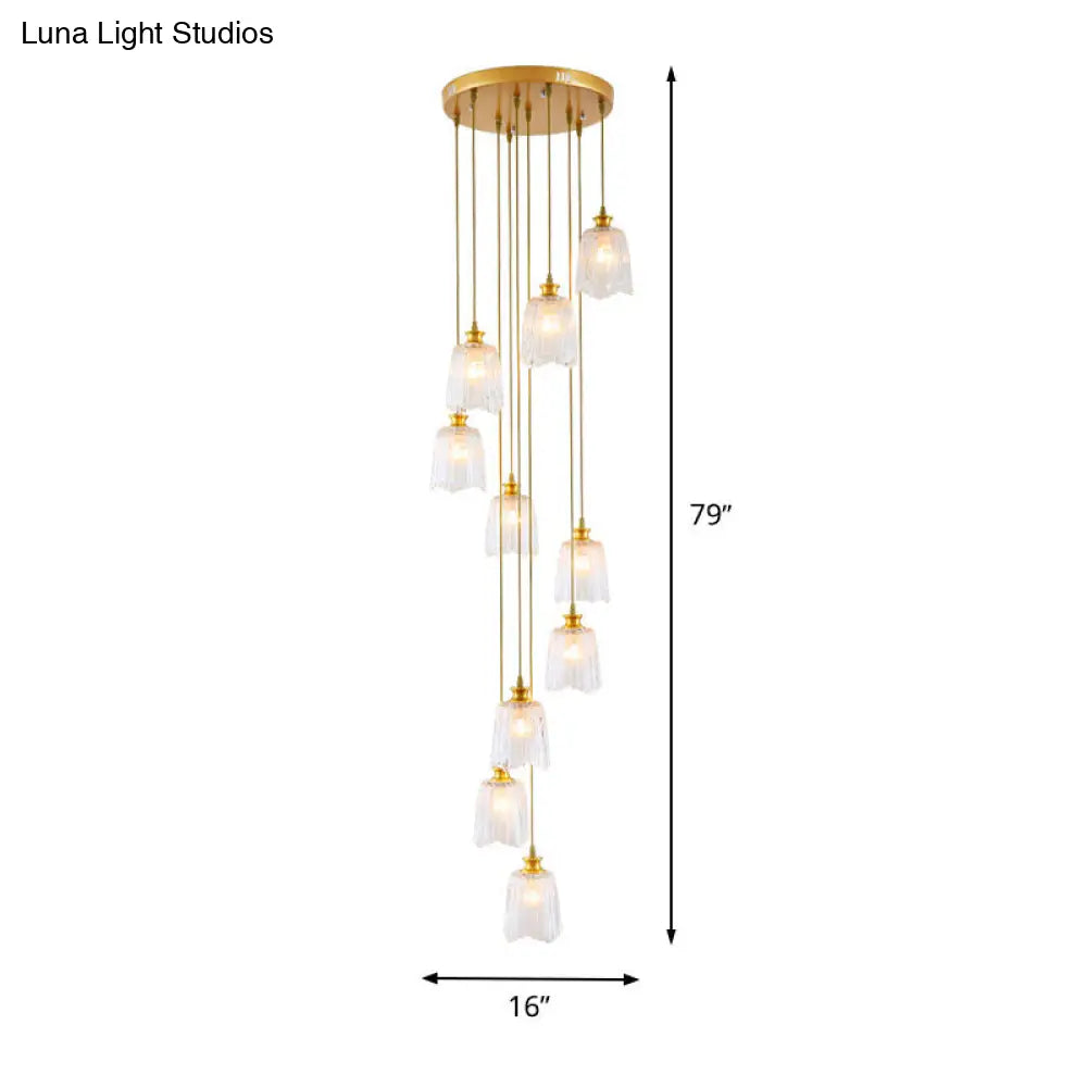 Modern Gold Crystal Pendant Ceiling Lamp - Spiral 10-Light Multiple Hanging Design