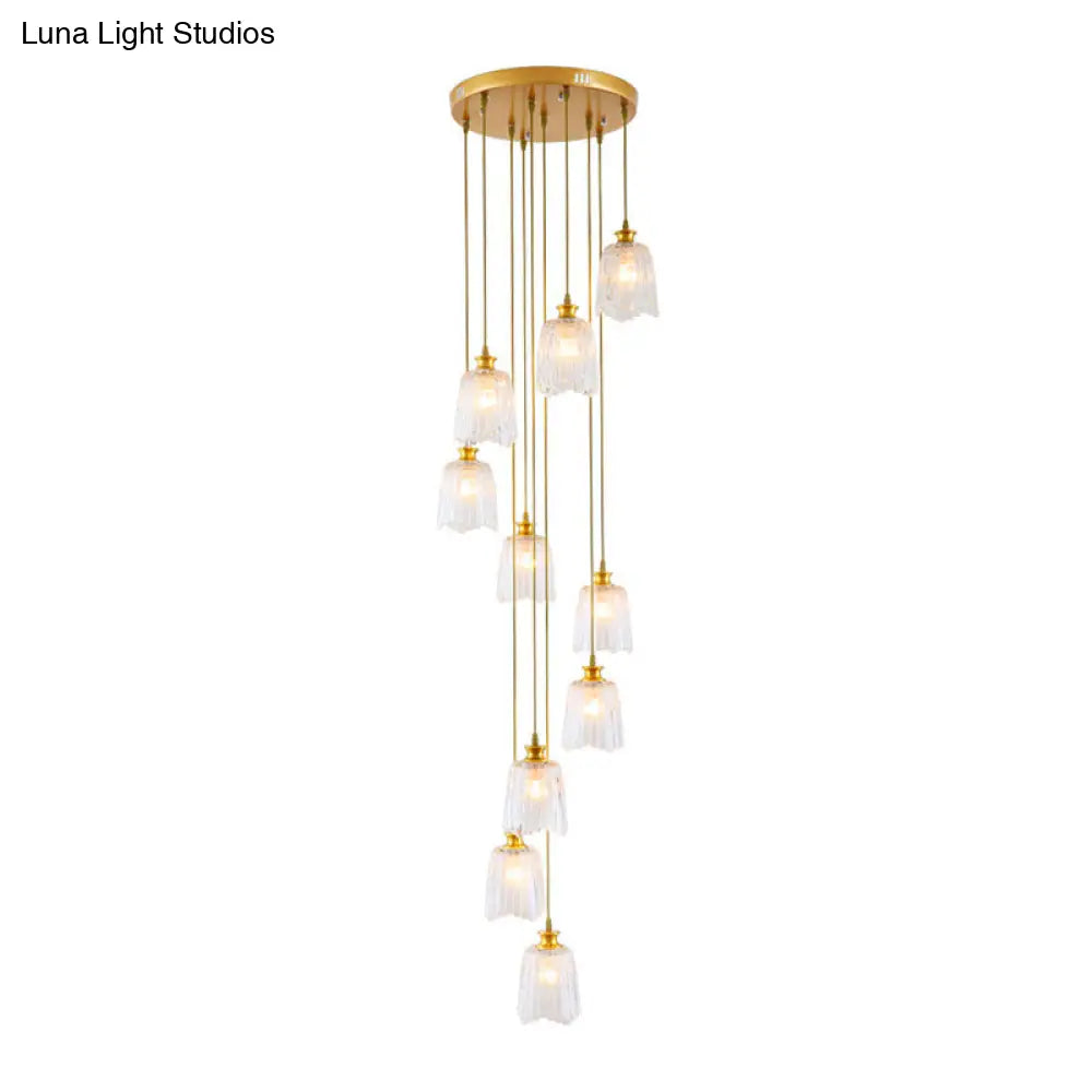 Modern Gold Crystal Pendant Ceiling Lamp - Spiral 10-Light Multiple Hanging Design