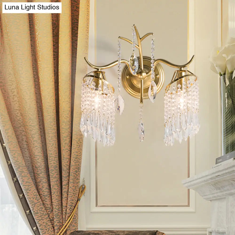 Modern Gold Crystal Teardrop Wall Sconce With Windbell Design - 2 Heads Lighting