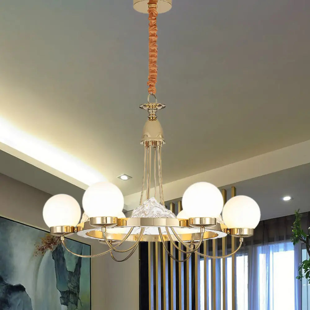 Modern Gold Curved Arm Ceiling Chandelier - 6 Head Metal Led Hanging Light With Frosted Glass Shade