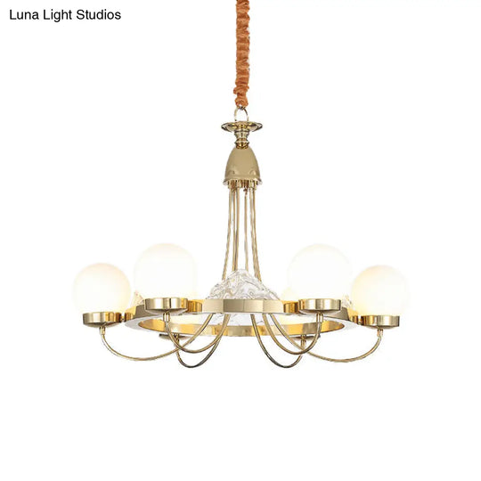 Modern Gold Curved Arm Ceiling Chandelier - 6 Head Metal Led Hanging Light With Frosted Glass Shade