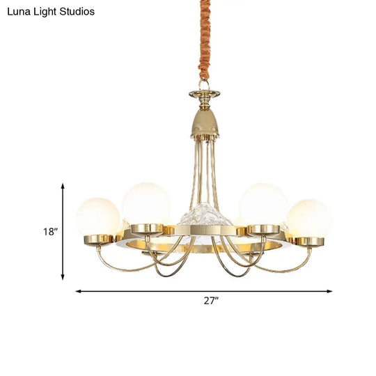 Modern Gold Curved Arm Ceiling Chandelier - 6 Head Metal Led Hanging Light With Frosted Glass Shade