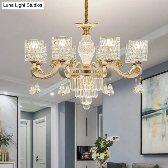 Modern Gold Cylinder Crystal Pendant Chandelier - 6/8-Light Dining Room Lamp Fixture