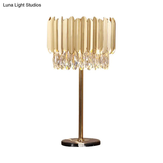 Modern Gold Cylindrical Table Lamp With Faceted Crystal - Small Desk Light 1 Head