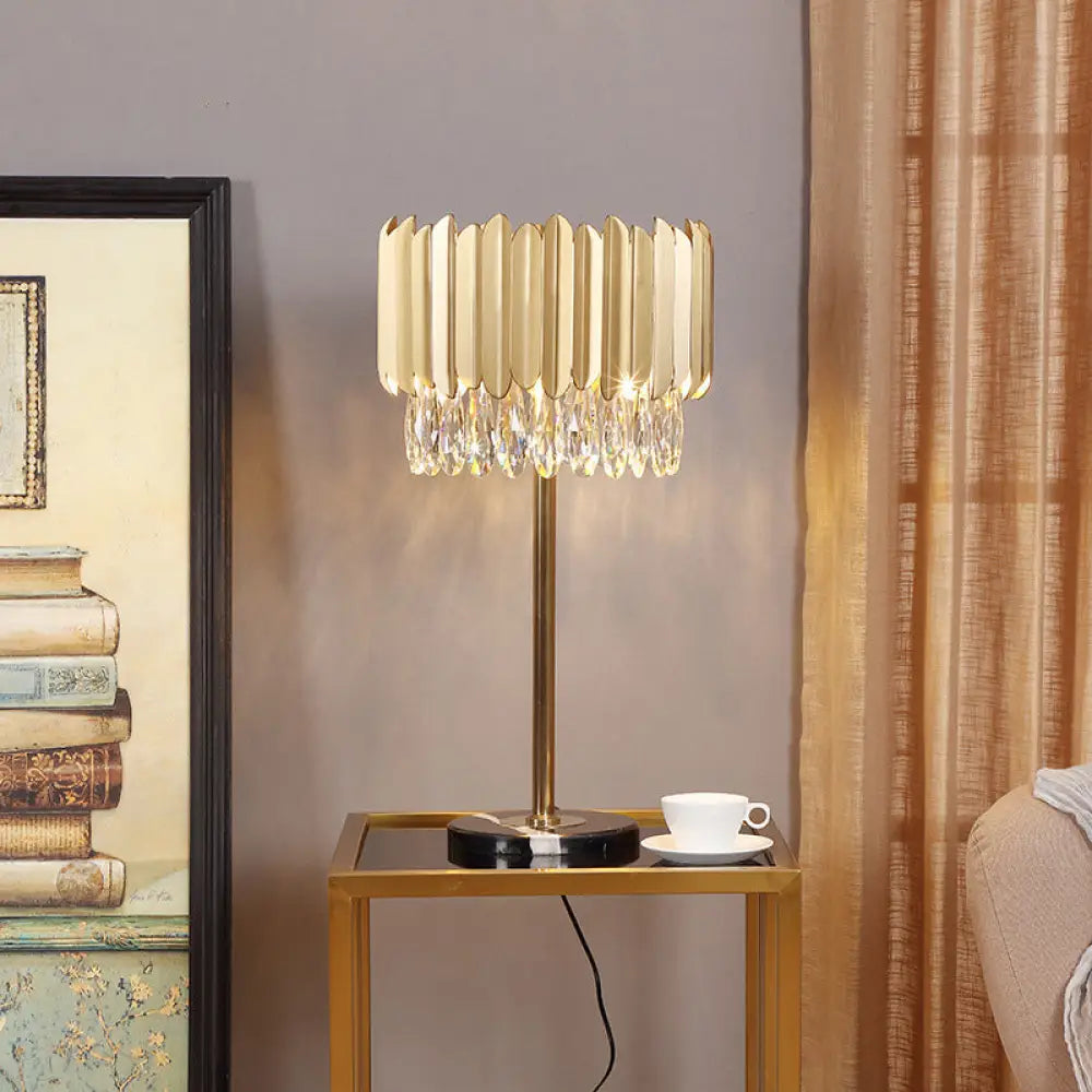 Modern Gold Cylindrical Table Lamp With Faceted Crystal - Small Desk Light 1 Head