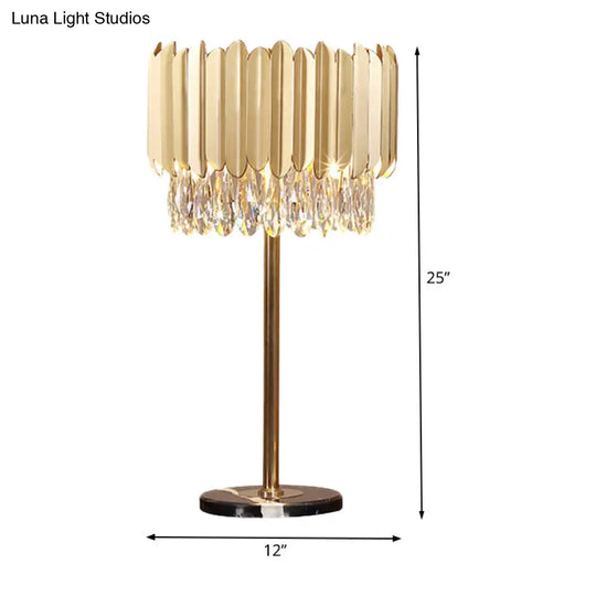 Modern Gold Cylindrical Table Lamp With Faceted Crystal - Small Desk Light 1 Head