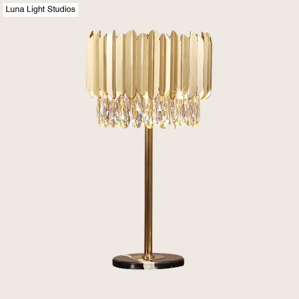 Modern Gold Cylindrical Table Lamp With Faceted Crystal - Small Desk Light 1 Head