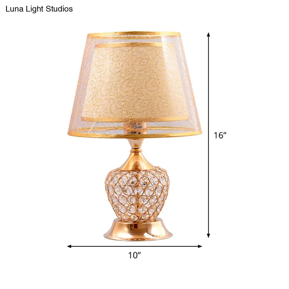 Modern Gold Desk Lamp With Crystal Bead - Small Flared Shade Fabric Flair 1 Head