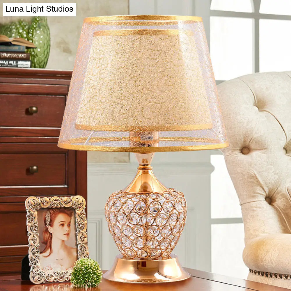 Modern Gold Desk Lamp With Crystal Bead - Small Flared Shade Fabric Flair 1 Head