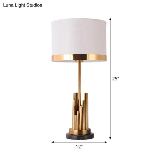 Modern Gold Desk Lamp With Cylinder Fabric Shade - Small Size Perfect For Bedroom Task Lighting!