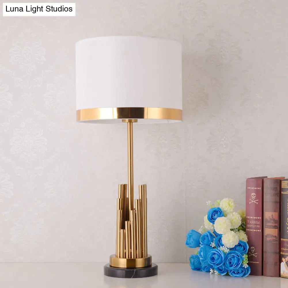 Modern Gold Desk Lamp With Cylinder Fabric Shade - Small Size Perfect For Bedroom Task Lighting!