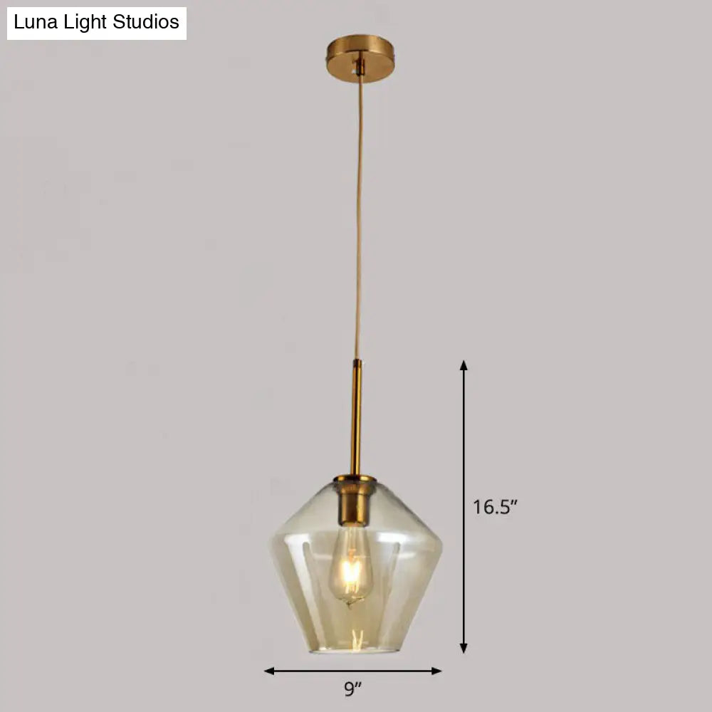 Diamond-Shaped 3-Bulb Gold Pendant Ceiling Light With Blown Glass