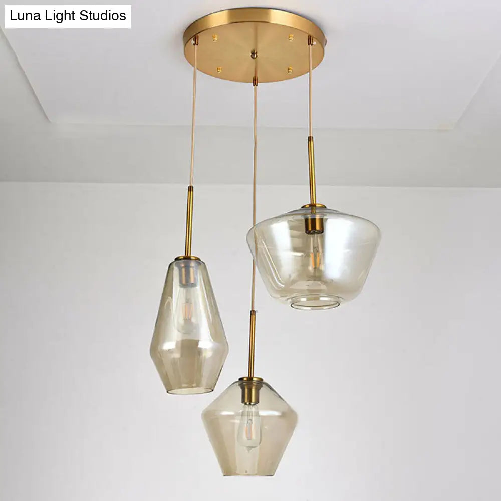 Diamond-Shaped 3-Bulb Gold Pendant Ceiling Light With Blown Glass