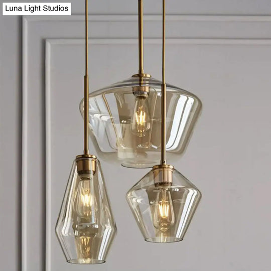 Modern Gold Diamond-Shaped Glass Pendant Ceiling Light With 3 Bulbs